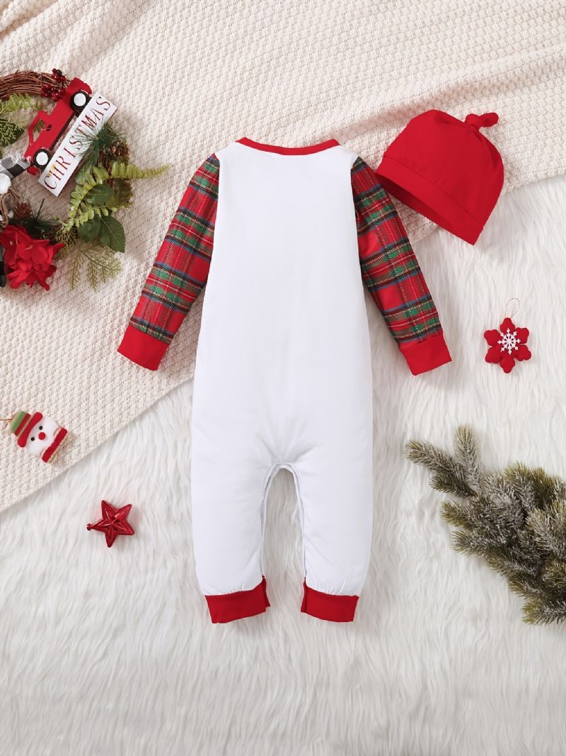 Nyfött Spädbarn Jultryck Romper Röd Pläd Långärmad Rundhalsad Jumpsuit & Hatt Set För Bebis Pojkar Flickor Barnkläder