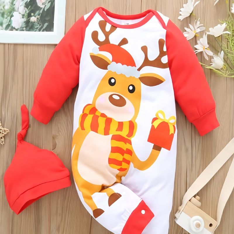 Pojkar Flickor Ren Print Långärmad Romper Jumpsuit + Hatt Set Bebiskläder Till Jul