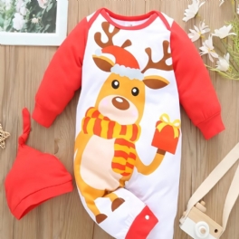 Pojkar Flickor Ren Print Långärmad Romper Jumpsuit + Hatt Set Bebiskläder Till Jul