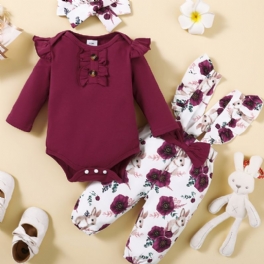 Ruffle Shoulder Flickor Långärmad Romper Jumpsuit + Blommigt Tryck Hängselbyxor + Pannband Set Bebiskläder