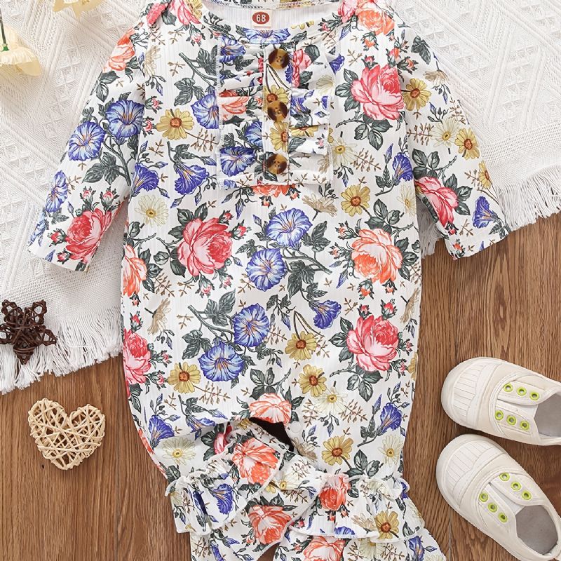 Småbarn Bebis Flower Print Långärmad Ruffles Jumpsuit Rompers För Flickor