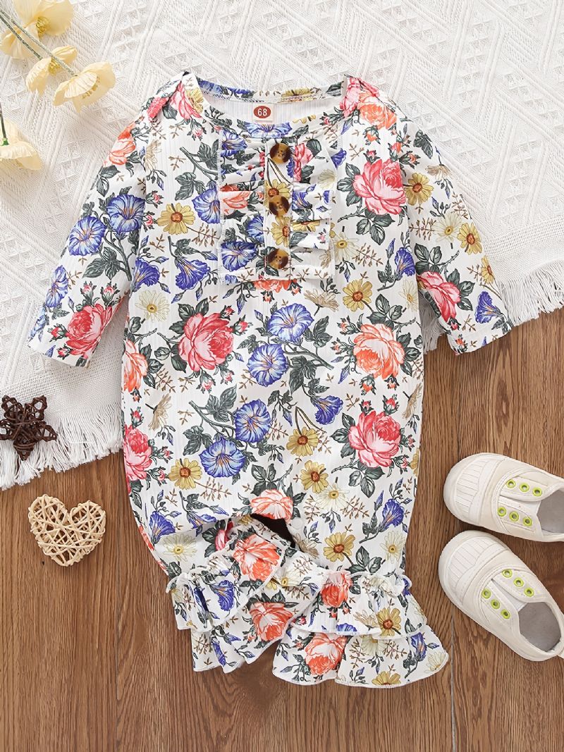 Småbarn Bebis Flower Print Långärmad Ruffles Jumpsuit Rompers För Flickor