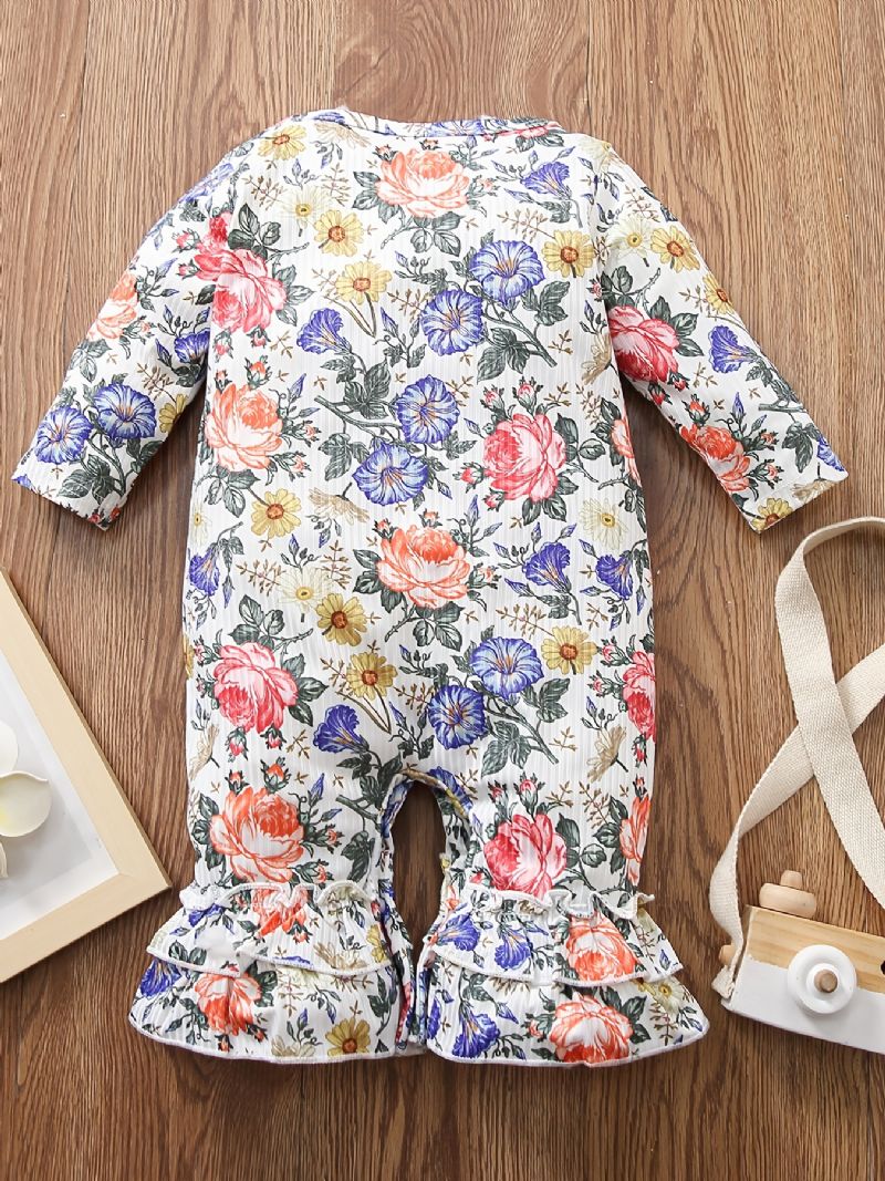 Småbarn Bebis Flower Print Långärmad Ruffles Jumpsuit Rompers För Flickor