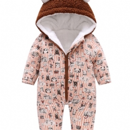 Småbarn Bebis Huva Fleece Varm Jumpsuit Ränder Cartoon Print Dragkedja Långärmad Romper För Pojkar Flickor