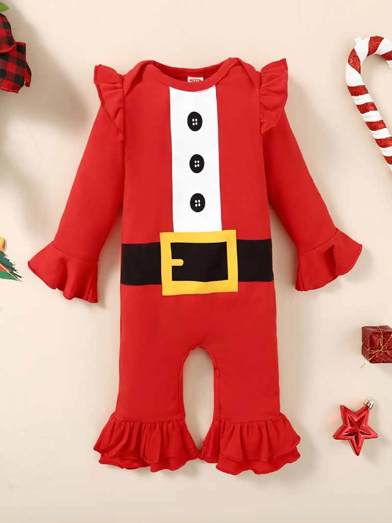 Småbarn Bebis Jultomte Print Långärmad Jumpsuit Romper För Flickor
