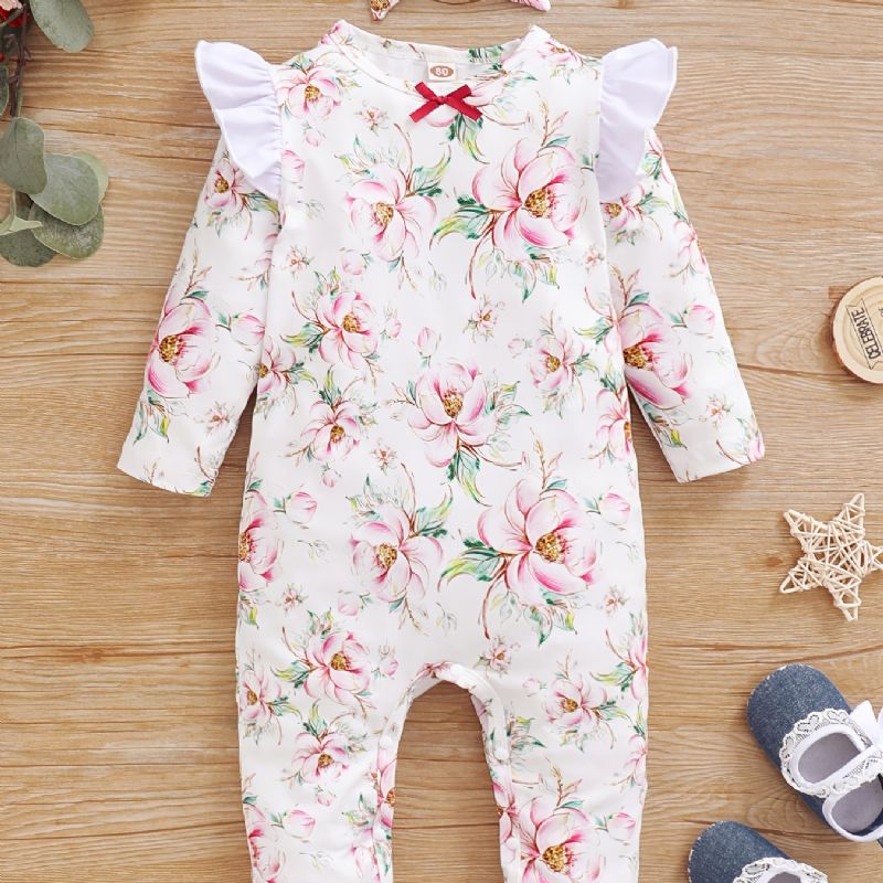 Småbarn Bebis Jumpsuit Blommor Print Rundhalsad Långärmad Flugsleeve Romper & Rosett Pannband För Flickor