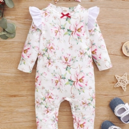 Småbarn Bebis Jumpsuit Blommor Print Rundhalsad Långärmad Flugsleeve Romper & Rosett Pannband För Flickor