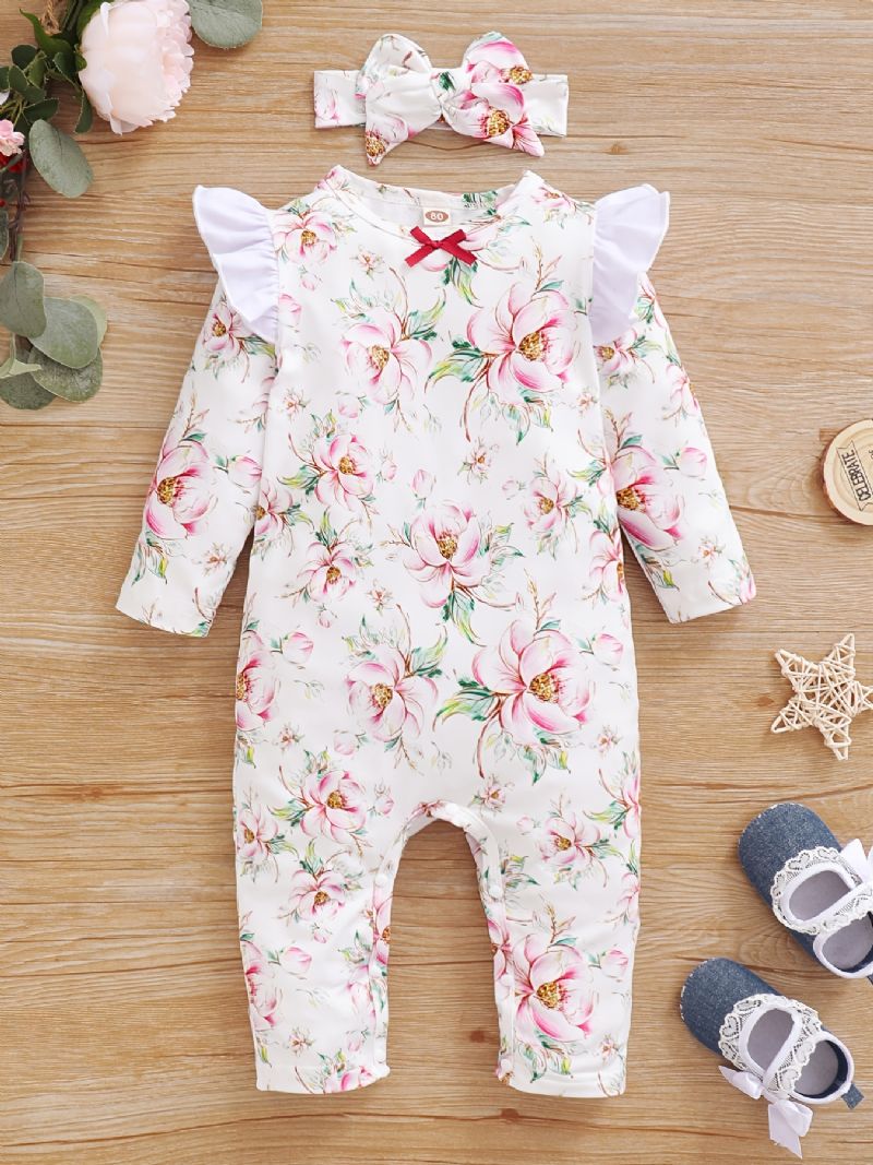 Småbarn Bebis Jumpsuit Blommor Print Rundhalsad Långärmad Flugsleeve Romper & Rosett Pannband För Flickor