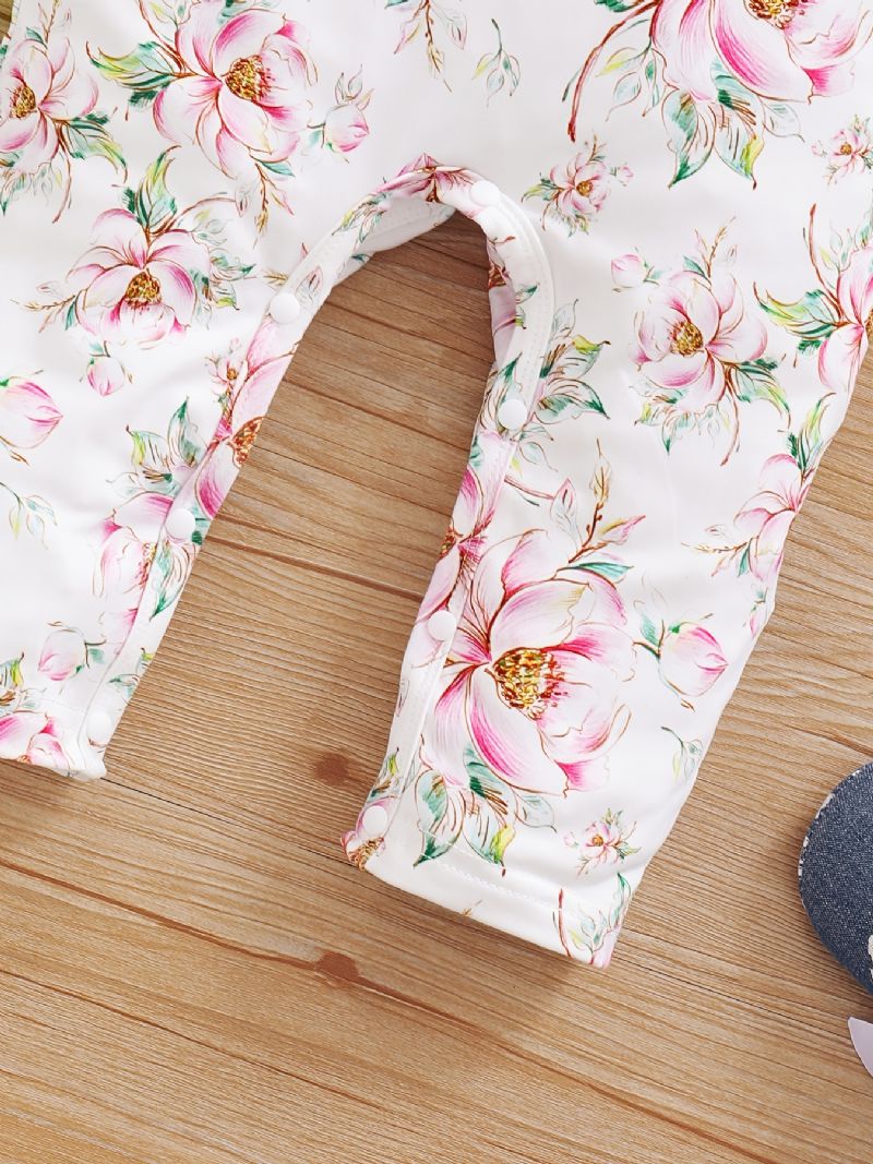 Småbarn Bebis Jumpsuit Blommor Print Rundhalsad Långärmad Flugsleeve Romper & Rosett Pannband För Flickor