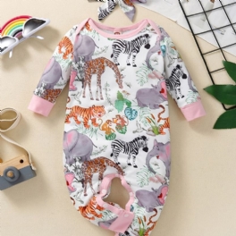 Småbarn Bebis Jumpsuit Tecknad Djurtryck Rundhalsad Långärmad Romper För Flickor Barnkläder