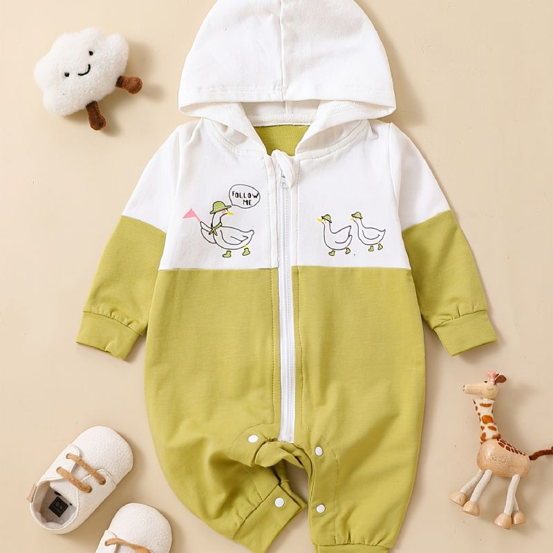 Småbarn Nyfödd Bebis Långärmad Söt Tryckt Hooded Jumpsuit