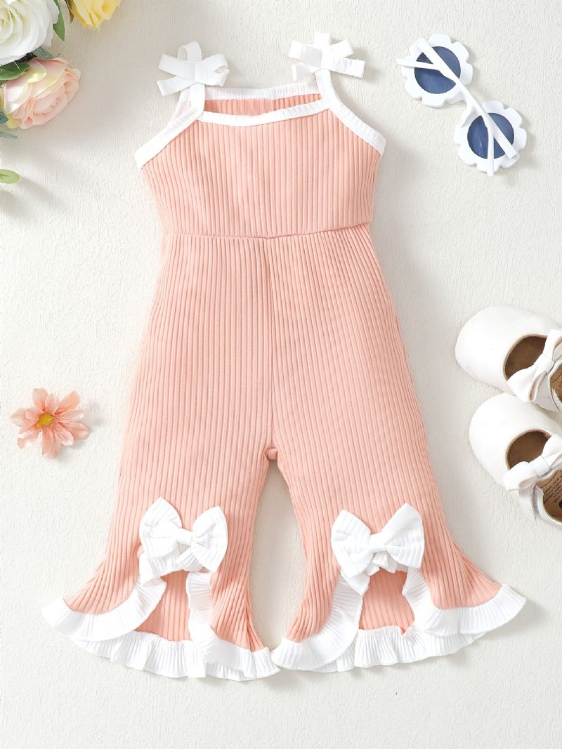 Spädbarn Bebis Flickor Rosett Ruffle Ribbad Stickad Cami Flare Leg Jumpsuit