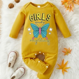 Spädbarn Romper Butterfly Brevtryck Långärmad Rundhalsad Jumpsuit För Bebis Flickor Barnkläder
