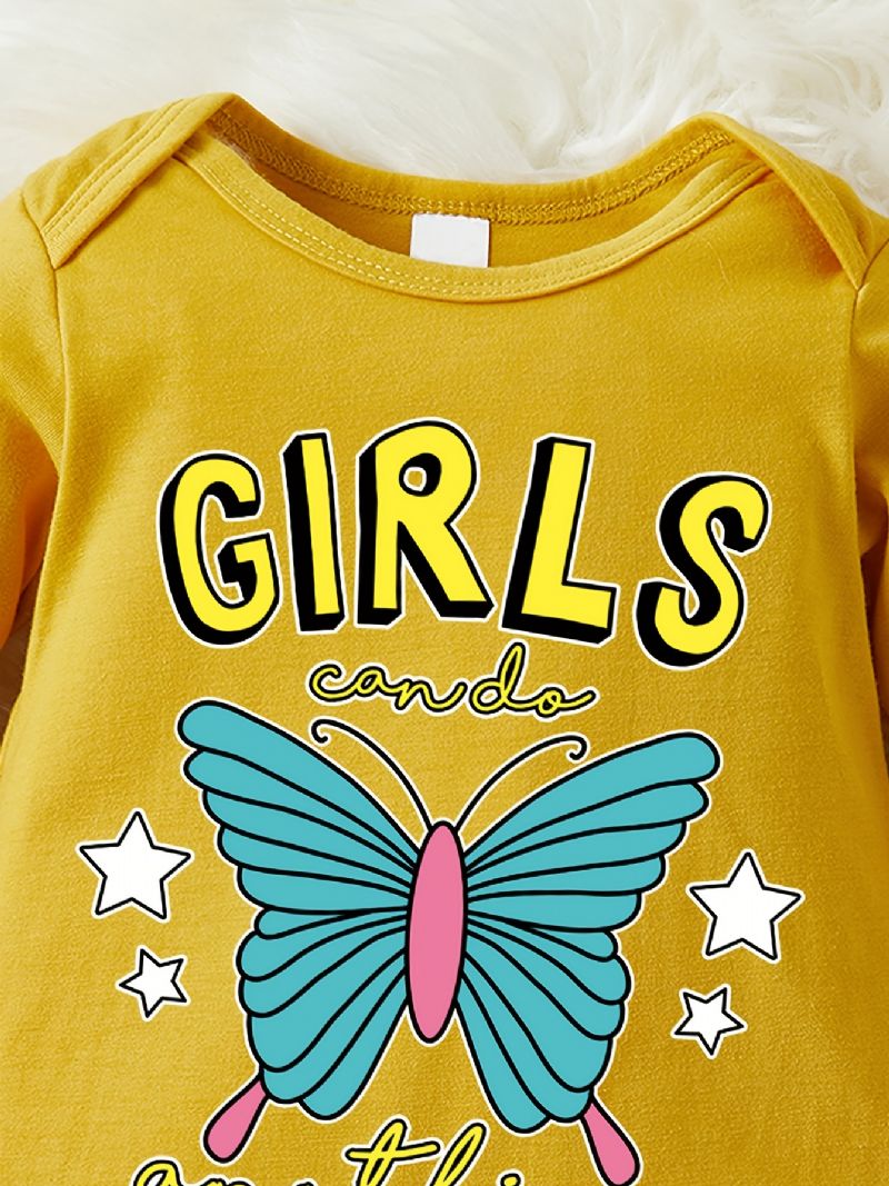 Spädbarn Romper Butterfly Brevtryck Långärmad Rundhalsad Jumpsuit För Bebis Flickor Barnkläder