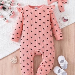 Toddler Bebis Flickor Jumpsuit Tryckt Peach Hjärta Rund Hals Långärmad Romper