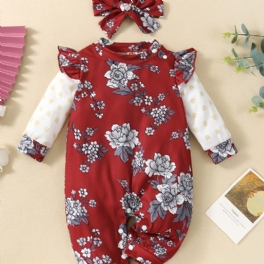 Toddler Bebis Flickor Jumpsuit Volang Långärmad Tröja Med Blommönster & Pannbandset