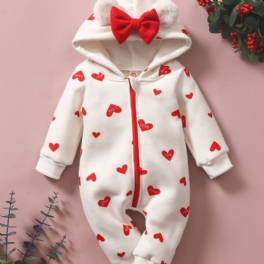Toddler Bebis Heart Print Långärmad Hooded Jumpsuit För Flickor
