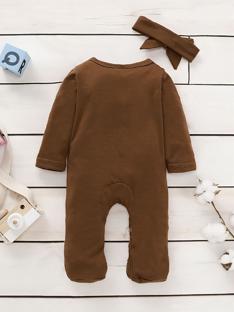 Toddler Bebis Jumpsuit Volang Trim Rund Hals Långärmad Romper & Pannband För Pojkar Flickor