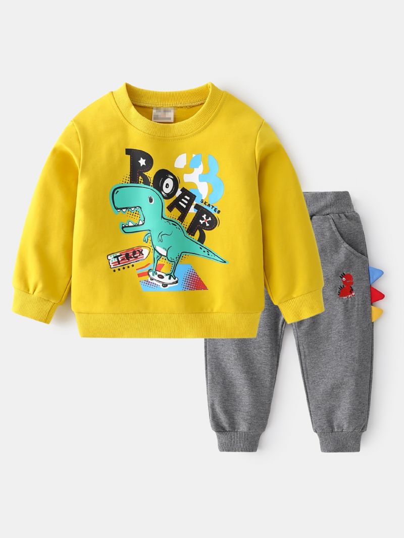 2st Pojkar Casual Cartoon Dinosaur Letter Print Termisk Sweatshirt & Träningsbyxor För Vintern