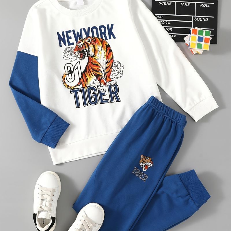 2st Pojkar Casual Tiger Print Pullover Sweatshirt & Sweatpants För Vintern