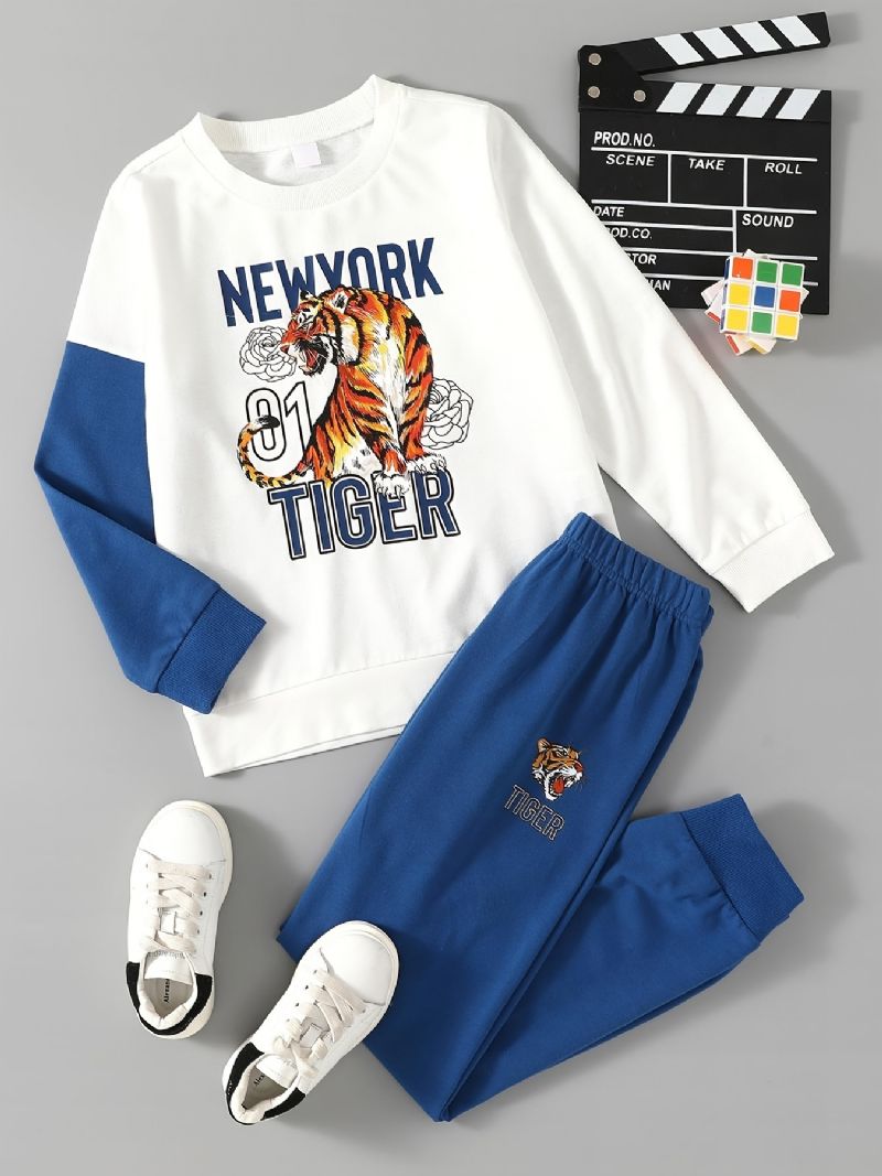 2st Pojkar Casual Tiger Print Pullover Sweatshirt & Sweatpants För Vintern