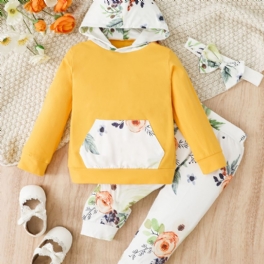 3st Bebis Flickor Hoodie Blommatryck Långärmad Pullover Sweatshirt & Byxor & Pannband Barnkläder Set