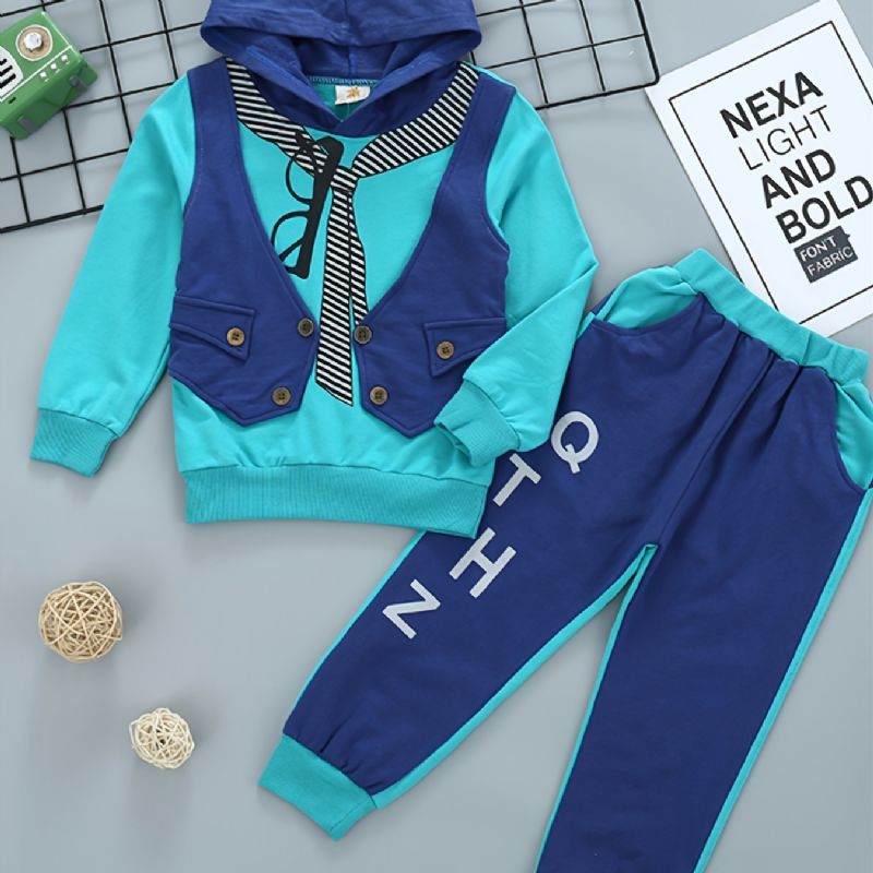 Barn Pojkar Glasögon Brevtryck Väst Hoodie Fake Two Pieces & Byx Set
