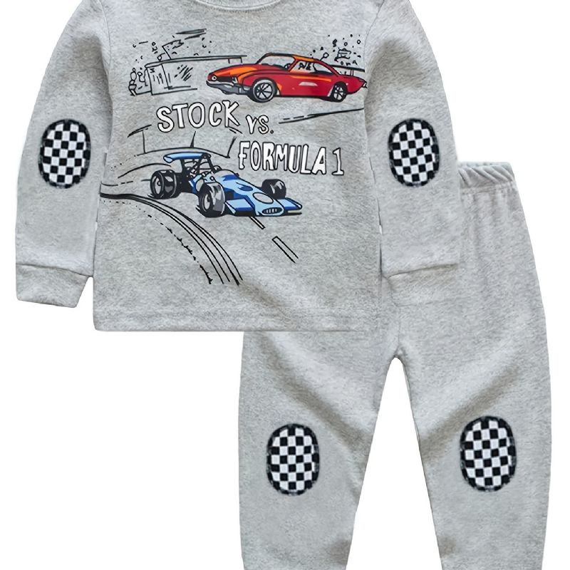 Barn Pojkar Pyjamas Tecknad Biltryck Plädsömmar Rundhalsad Långärmad Topp Och Byxa Set