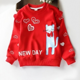 Barns Flickor Cat Heart Print Pullover Rund Neck Långärmad Sweatshirt Barnkläder