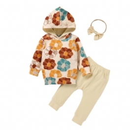 Bebis Flickor Hoodie Blommor Tryck Långärmad Pullover Sweatshirt & Byxor & Rosett Pannband Set Barnkläder