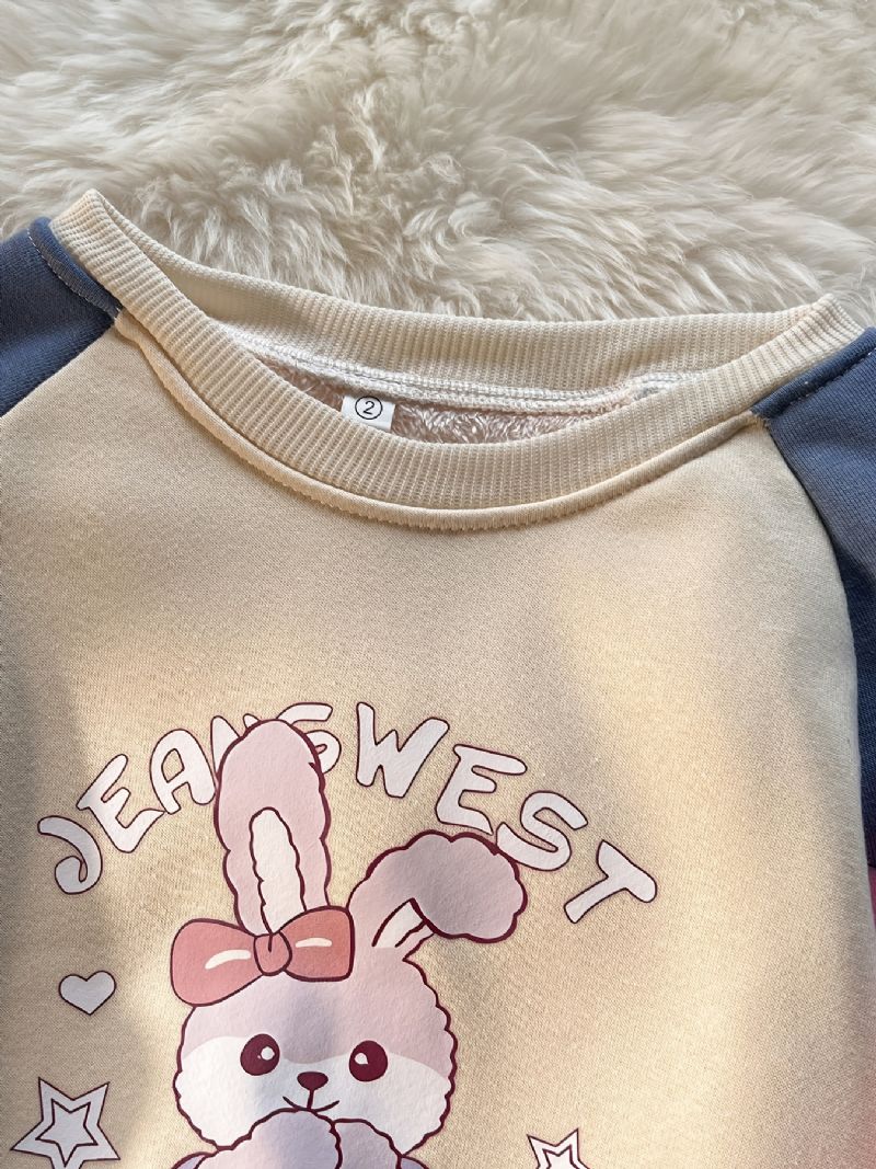 Bebis Flickor Plysch Varm Pullover Kanin Grafisk Rundhalsad Långärmad Color Block Sweatshirt Vinter Barnkläder