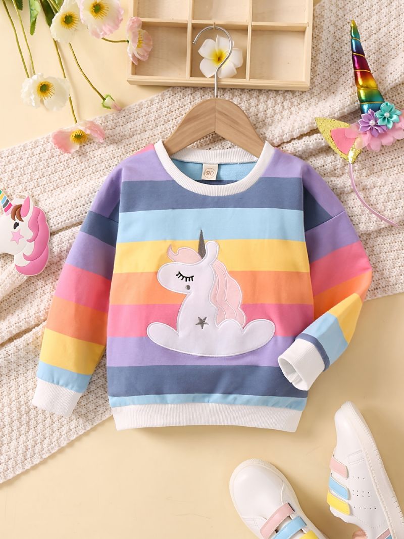 Bebis Flickor Pullover Regnbågsrandig Enhörning Broderad Rundhals Långärmad Sweatshirt Toppar Barnkläder