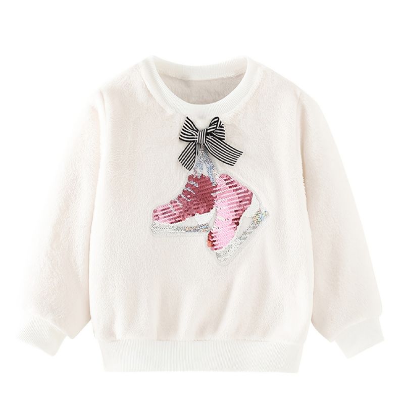 Bebis Flickor Pullover Skor Paljetter Rosett Dekor Velvet Rund Hals Sweatshirt