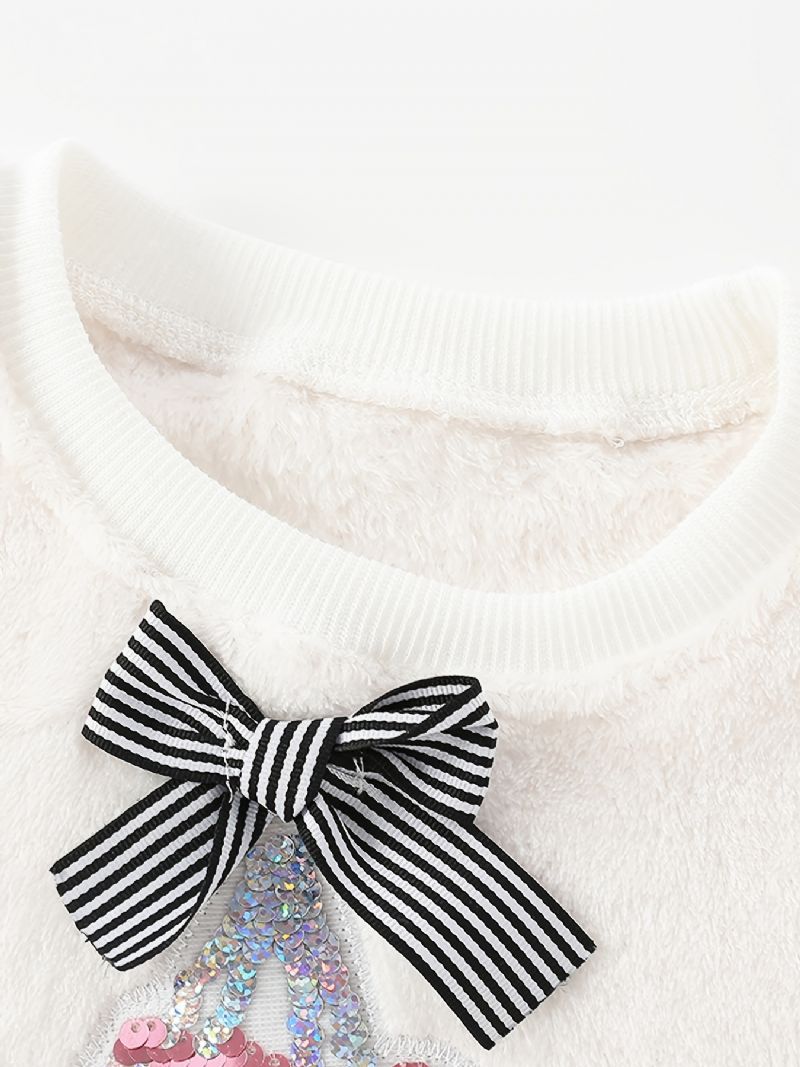 Bebis Flickor Pullover Skor Paljetter Rosett Dekor Velvet Rund Hals Sweatshirt