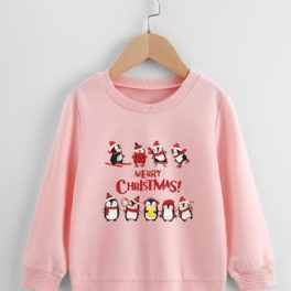 Christmas Flickor Stickad Cartoon Penguin Print Långärmad Crew Neck Sweatshirt