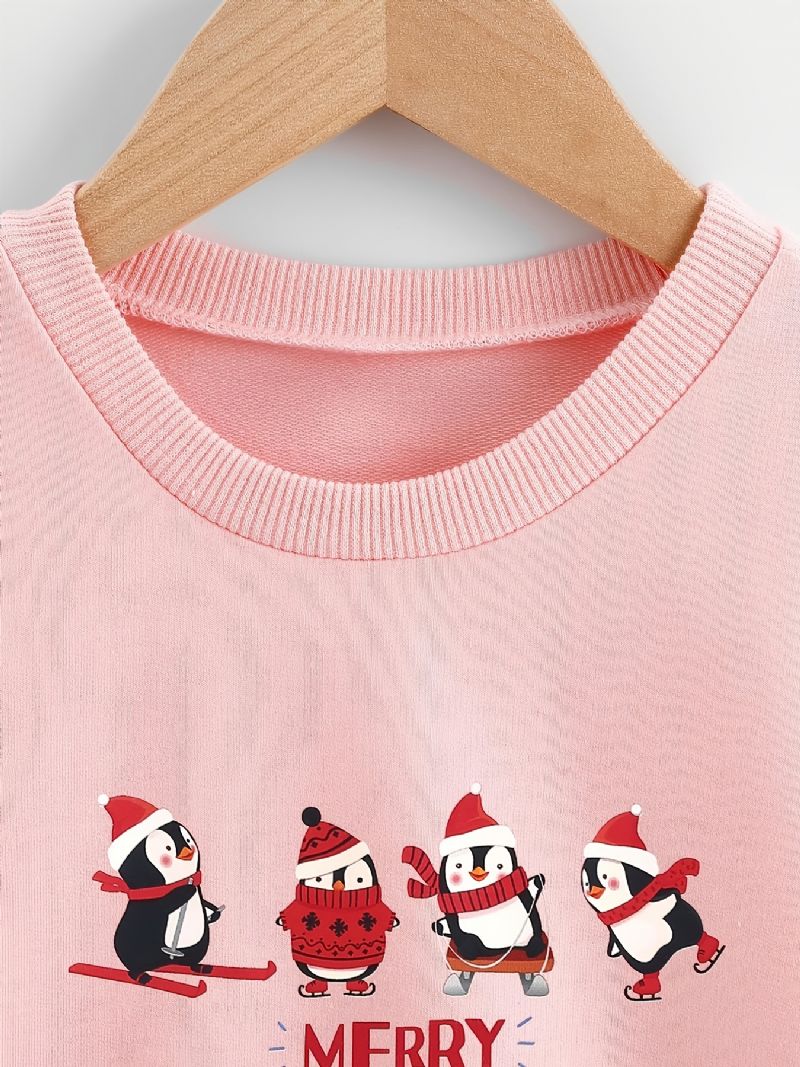 Christmas Flickor Stickad Cartoon Penguin Print Långärmad Crew Neck Sweatshirt