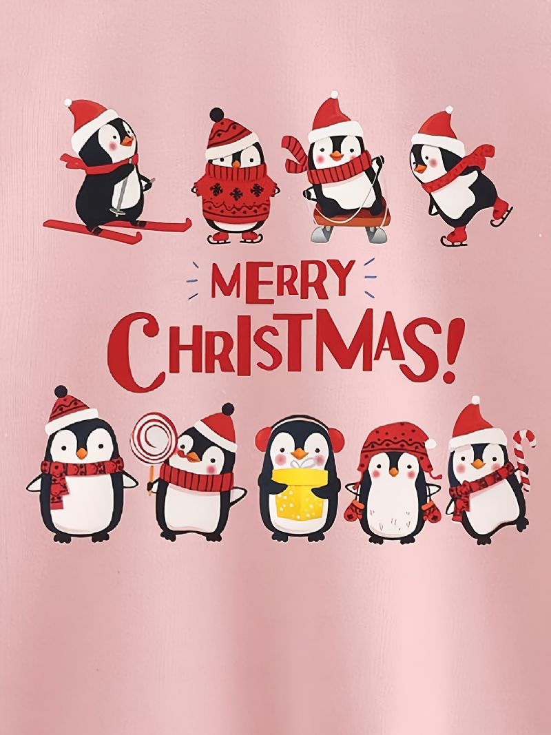 Christmas Flickor Stickad Cartoon Penguin Print Långärmad Crew Neck Sweatshirt