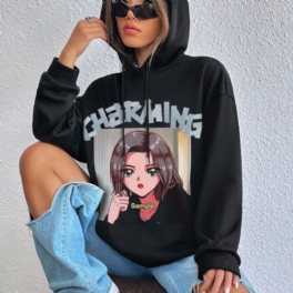 Damtröja Casual Hooded Anime Flickor Print Mode Lös Hoodie