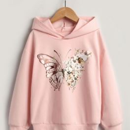 Flickor Casual Butterfly Print Rosa Långärmad Rund Hals Hoodie Kläder