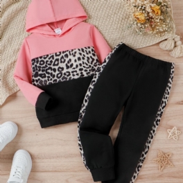 Flickor Color Block Casual Hoodie + Matchande Träningsbyxor Med Leopard Print Barnkläder