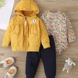 Nyfödda Flickor Blommig Bodysuit & Långa Träningsbyxor & Prickiga Blommönster Långärmad Huvtröja Ficka Dragkedja Sweatshirt Outfit 3st/set