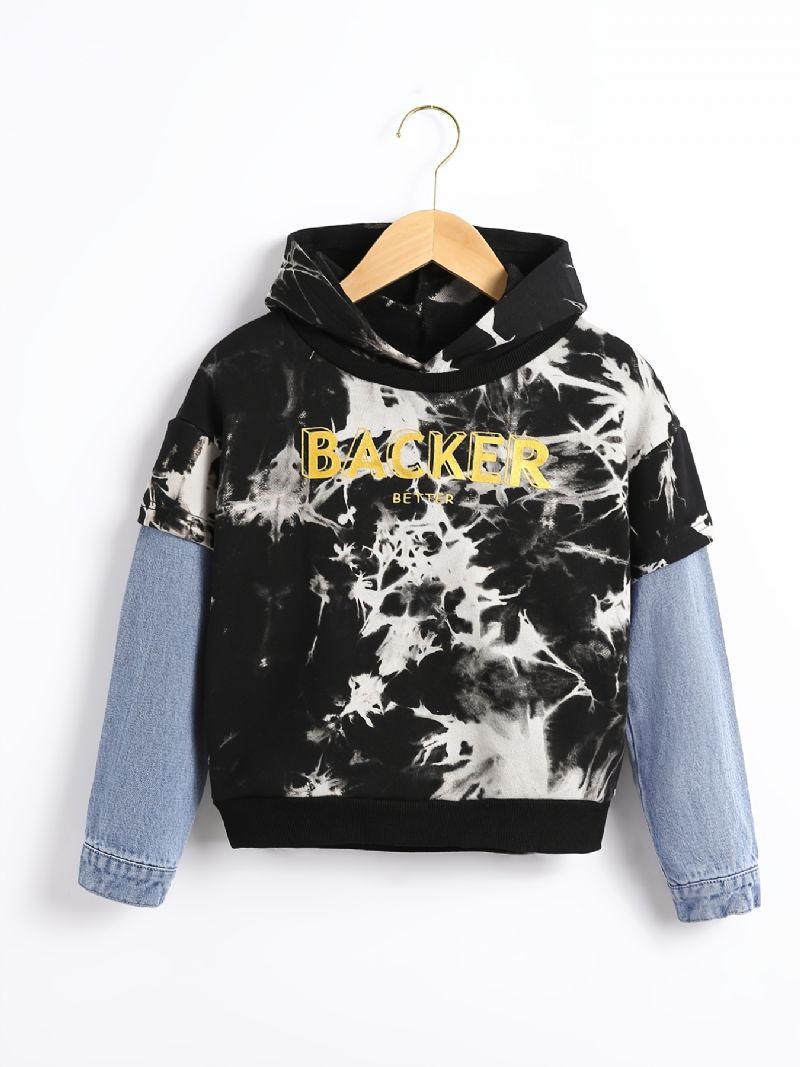 Pojkar Bomull Denim Patchwork Casual Hoodie Barnkläder För Vintern Nytt
