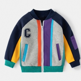 Pojkar Casual Letter Kontrast Stativ Krage Dragkedja Fleece Baseball Kappa Jacka Höst Vinter