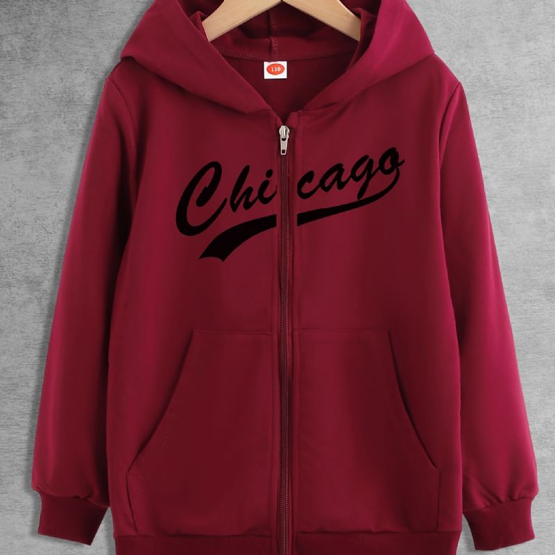 Pojkar Casual Letter Print Fleece Zip-up Huvjacka För Vintern