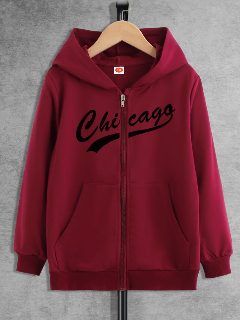 Pojkar Casual Letter Print Fleece Zip-up Huvjacka För Vintern