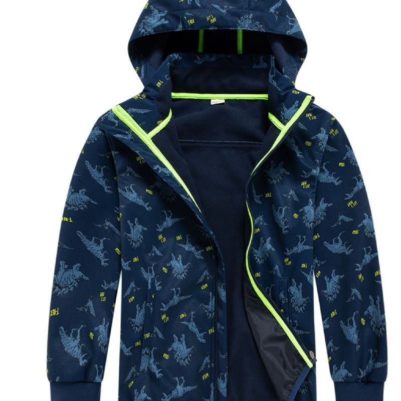 Pojkar Dinosaur Print Hooded Thermal Windbreaker Jacka