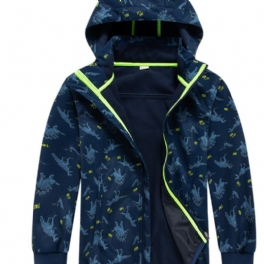 Pojkar Dinosaur Print Hooded Thermal Windbreaker Jacka