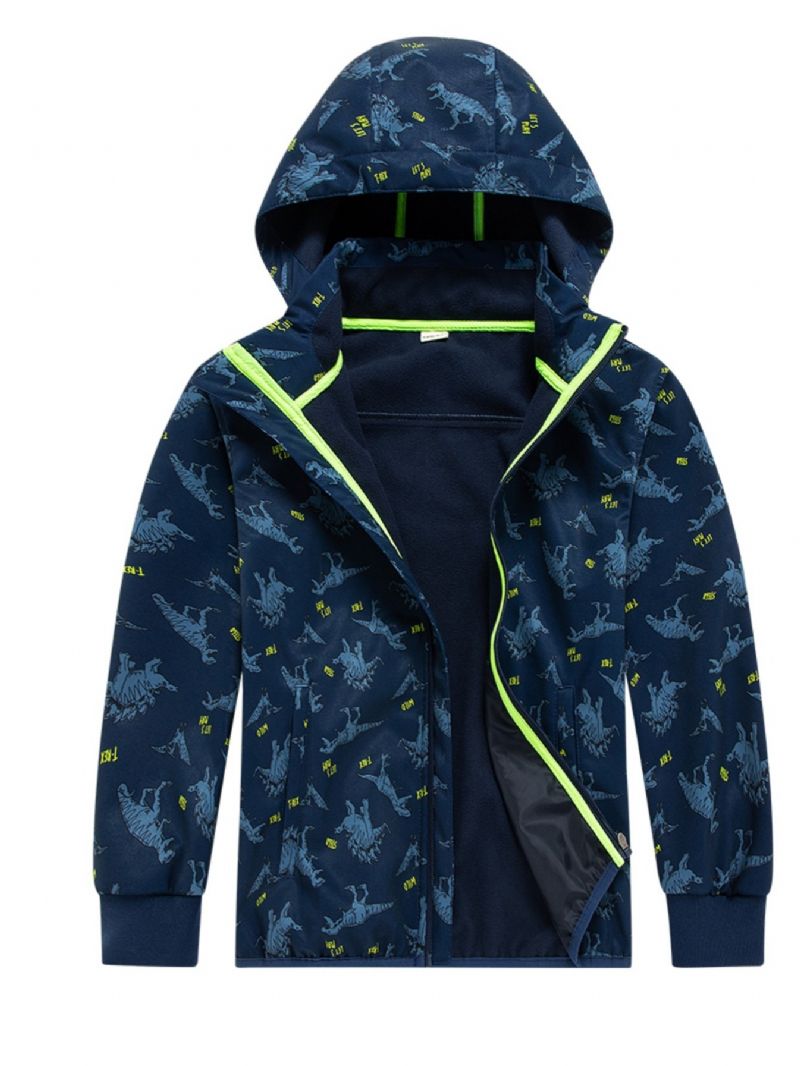 Pojkar Dinosaur Print Hooded Thermal Windbreaker Jacka