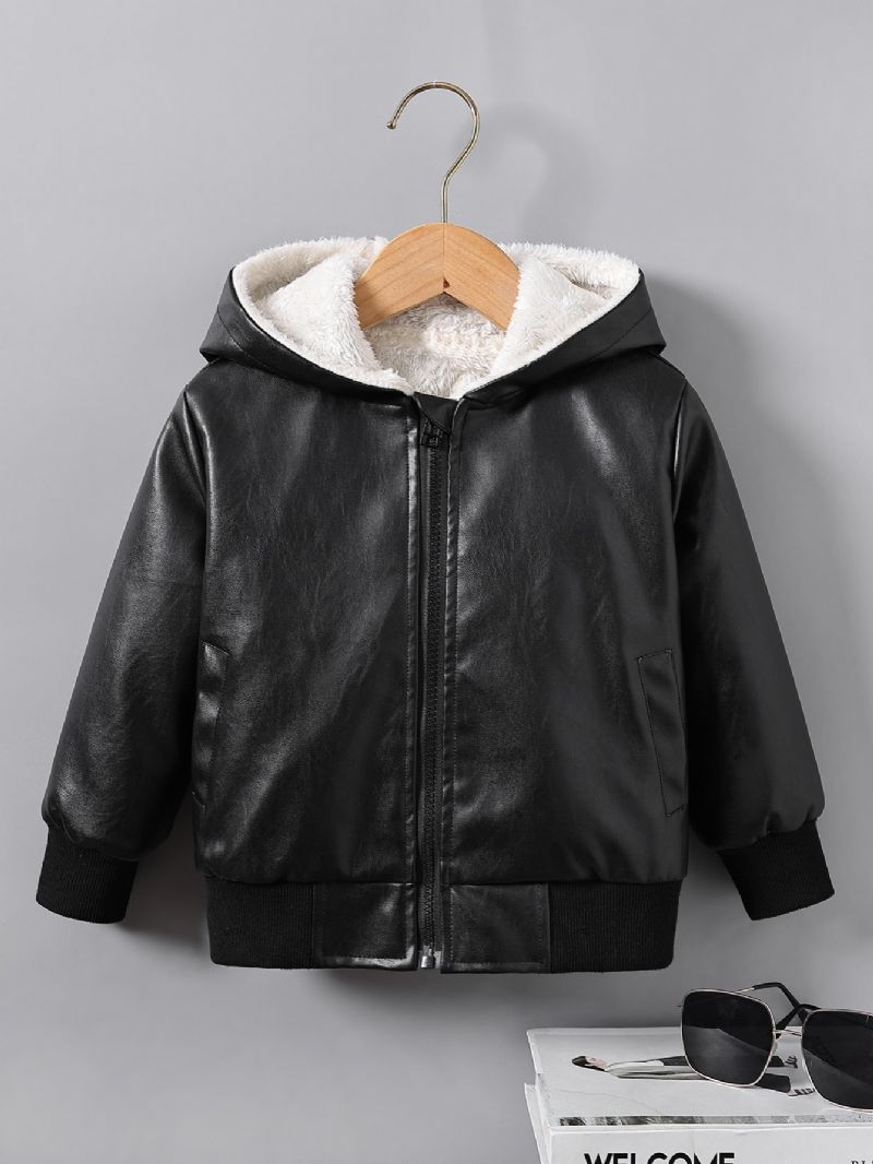 Pojkar Pu Läder Comfy Fleece Foder Dragkedja Jacka Höst & Vinter