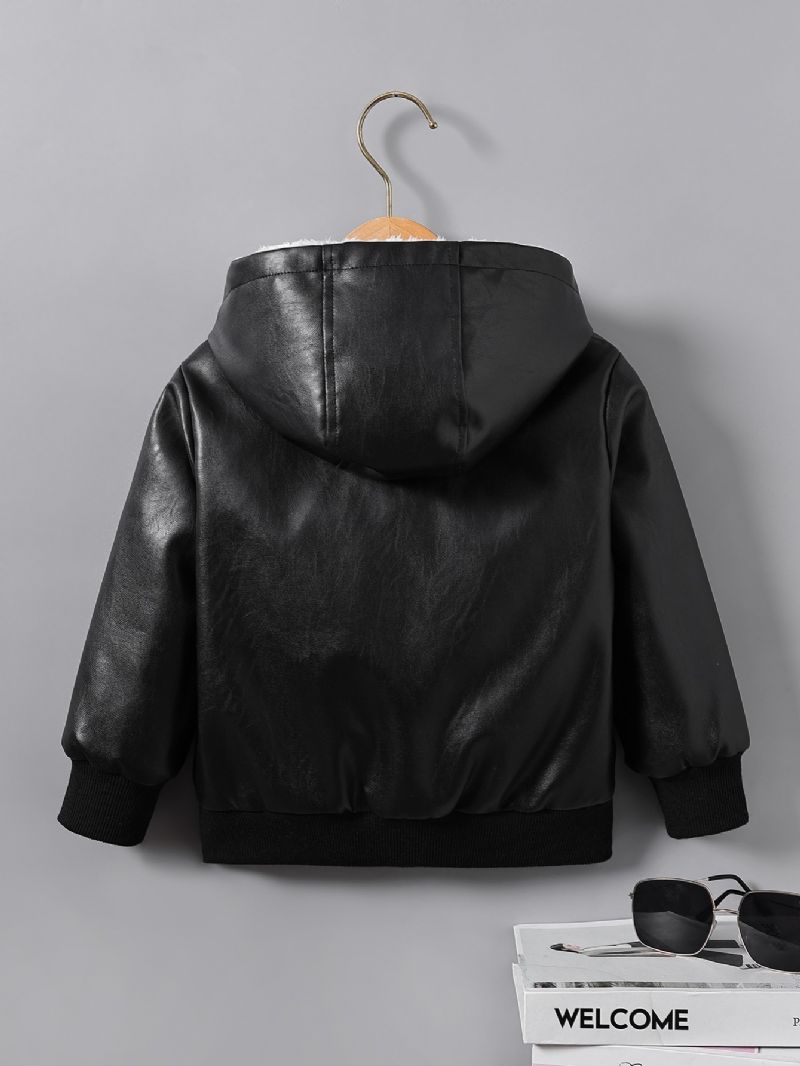 Pojkar Pu Läder Comfy Fleece Foder Dragkedja Jacka Höst & Vinter